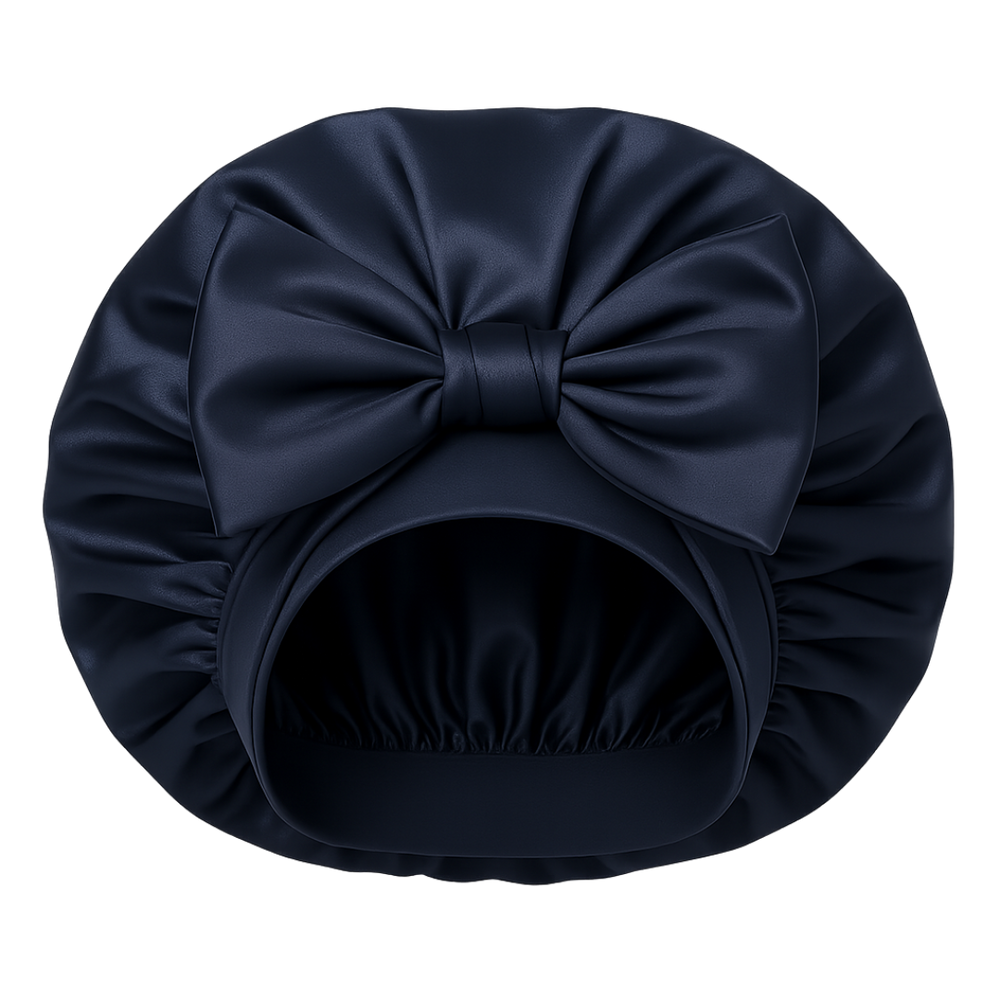 bonnet de nuit en soie bleu marine avec grand nœud, accessoire de sommeil en soie pour protéger les cheveux pendant la nuit
