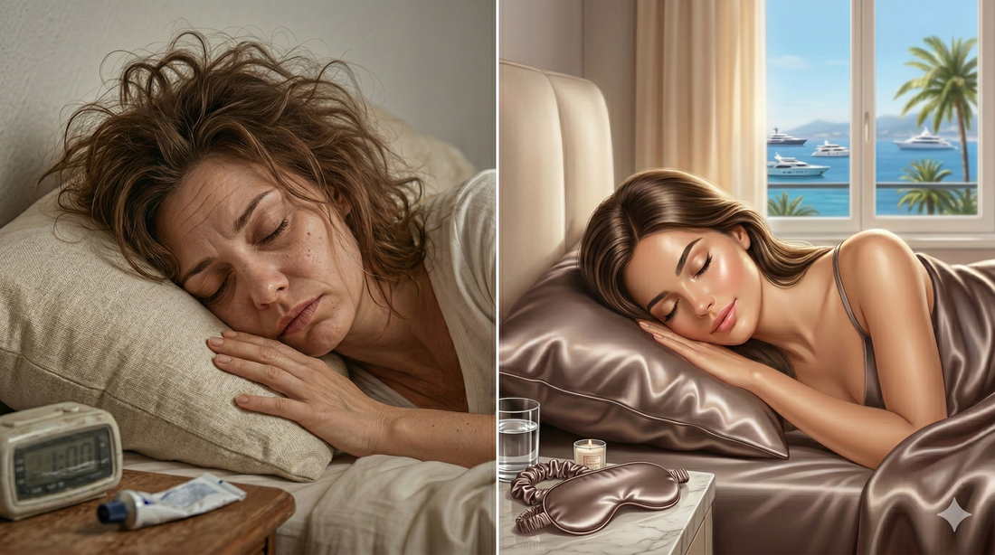 Sérum visage posé sur une taie d'oreiller en soie de mûrier — la soie préserve vos soins de nuit
