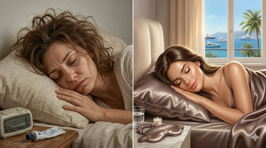 Sérum visage posé sur une taie d'oreiller en soie de mûrier — la soie préserve vos soins de nuit