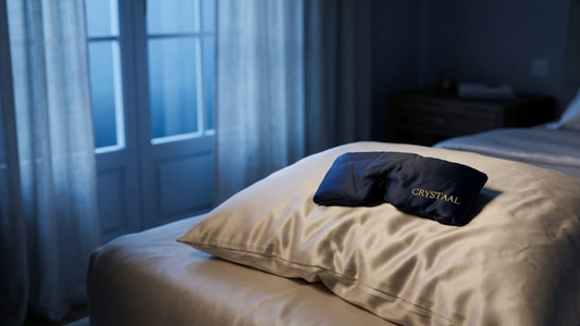 Chambre Riviera optimisée pour améliorer la qualité du sommeil naturellement, équipée d'une literie en soie de mûrier et d'un masque de nuit Crystaal, dans une lumière indigo de pré-aube illustrant l'environnement idéal de récupération nocturne.