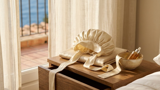 Bonnet de nuit en pure soie de mûrier pour cheveux crépus et bouclés posé sur une taie d'oreiller en soie champagne dans une chambre Riviera baignée de lumière dorée, illustrant la protection capillaire nocturne et la rétention de longueur.