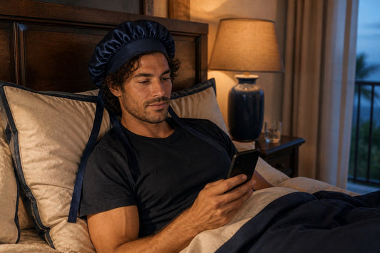Homme aux cheveux mi-longs portant un bonnet de nuit en soie de mûrier dans une chambre épurée