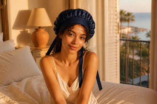 Femme aux cheveux bouclés définis rassemblant ses boucles en ananas avant d'enfiler son bonnet en soie
