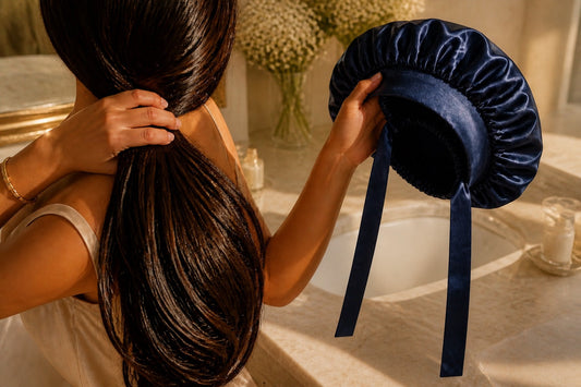 Femme aux longues extensions tressées en tresse lâche se préparant à enfiler un bonnet en soie