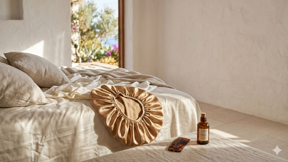 Bonnet de nuit en soie de mûrier ivoire posé sur une taie en soie — protection capillaire nocturne et routine matinale optimisée