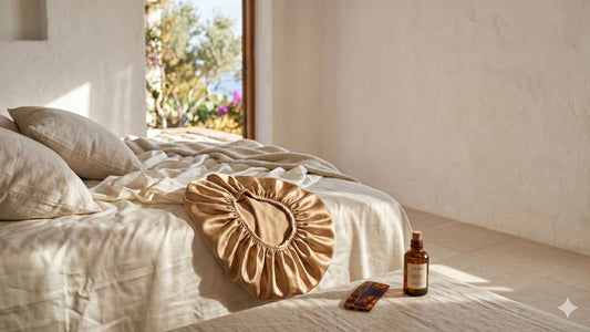 Bonnet de nuit en soie de mûrier ivoire posé sur une taie en soie — protection capillaire nocturne et routine matinale optimisée