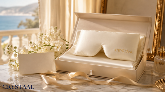Coffret cadeau bien-être femme Crystaal ouvert révélant une taie d’oreiller et un masque de nuit en pure soie de mûrier 22 mommes, avec ruban satiné et fleurs blanches sur une coiffeuse Riviera baignée de lumière dorée.