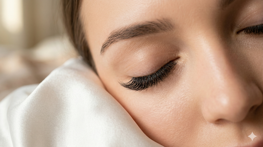 Gros plan sur des extensions de cils volume russe reposant délicatement sur une taie d'oreiller en soie de mûrier Crystaal, illustrant la protection nocturne.
