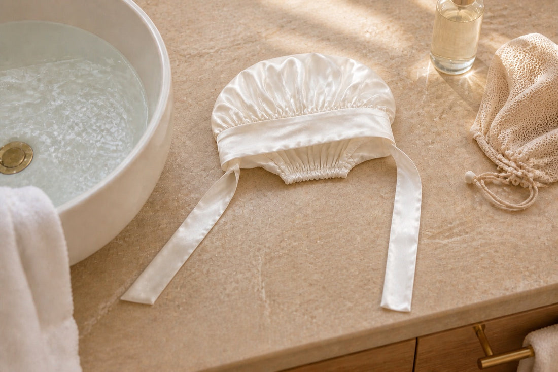 Bonnet en soie de mûrier séchant à plat sur une serviette blanche après un lavage à la main