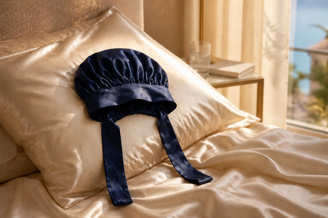Femme dormant paisiblement avec un bonnet en soie de mûrier 22 mommes sur un oreiller en soie