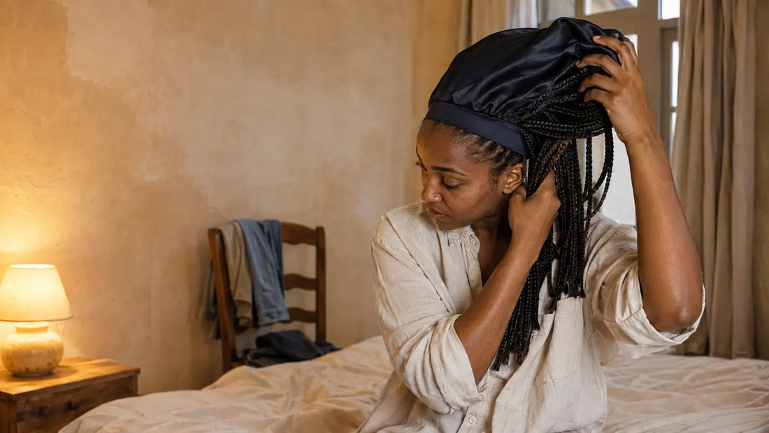 Femme rassemblant ses braids sous un bonnet en soie large avant de dormir