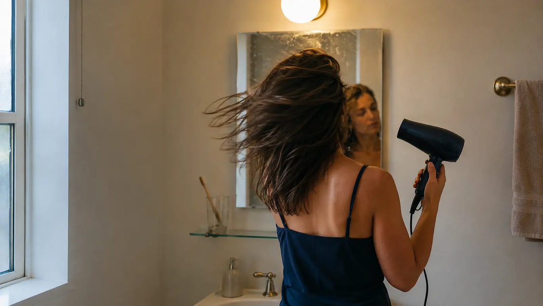 Séchage des cheveux le matin devant le miroir de la salle de bain
