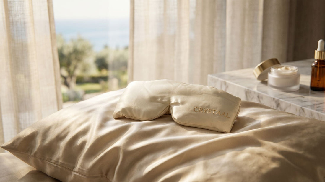 Masque de nuit en soie de mûrier ivoire posé sur une taie en soie champagne — protection anti-rides du contour des yeux pendant le sommeil