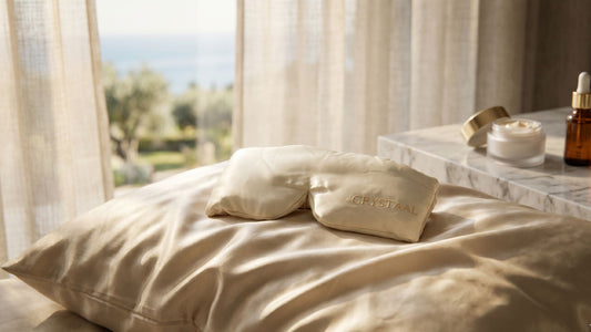 Masque de nuit en soie de mûrier ivoire posé sur une taie en soie champagne — protection anti-rides du contour des yeux pendant le sommeil