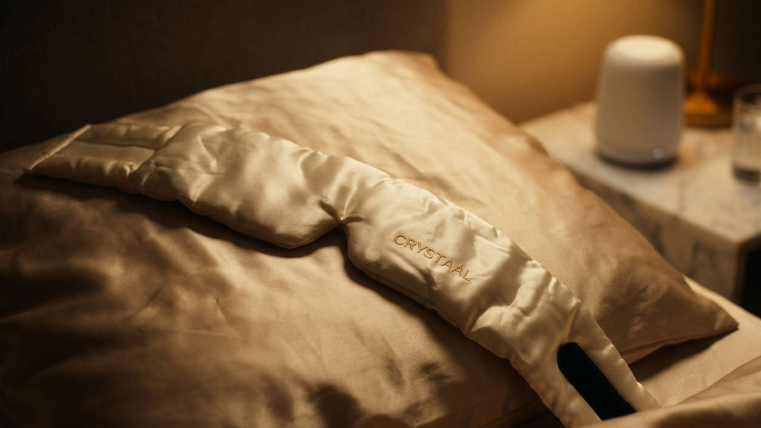 Masque de nuit en soie de mûrier ivoire sur taie champagne — blackout total pour déclencher le sommeil profond et optimiser la récupération
