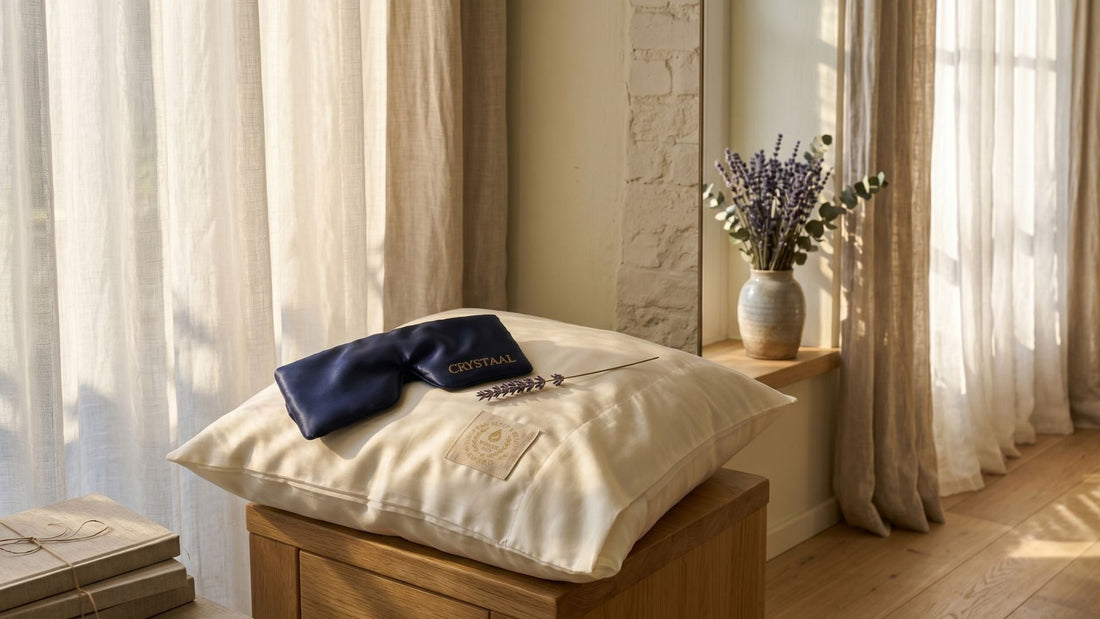 Masque de sommeil en soie de mûrier posé sur une taie d'oreiller en soie ivoire — obscurité totale pour une récupération optimale