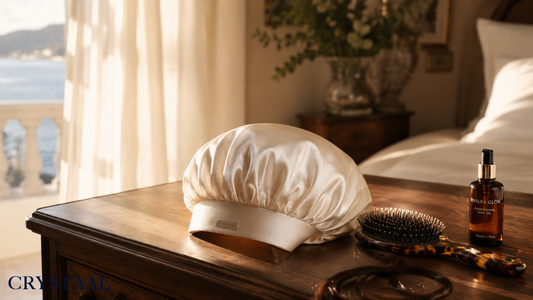 Bonnet de nuit en soie de mûrier Crystaal sur une coiffeuse élégante avec brosse en écaille et huile capillaire dans une chambre lumineuse style Riviera.