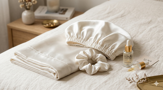 Composition élégante d'une routine de nuit luxueuse comprenant une taie d'oreiller, un bonnet et un chouchou en pure soie 22 Momme blanc perle Crystaal, disposés à côté d'un sérum pour les cils. Texture lisse et lumineuse.