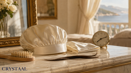 Bonnet de nuit en pure soie de mûrier Crystaal posé sur une coiffeuse en marbre avec brosse douce et taie en soie, dans une lumière dorée méditerranéenne, illustrant la routine matinale capillaire passive de 2 minutes sans frisottis grâce à la soie.