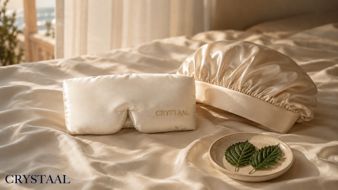 Protocole de sommeil réparateur Crystaal composé d’un masque de nuit à bandeau large et d’un bonnet ajustable en pure soie de mûrier 22 mommes, présentés sur une literie champagne dans une chambre Riviera baignée de lumière dorée.