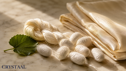 Cocons de soie, fil de soie grège, tissu de soie de mûrier et feuille de mûrier sur surface en marbre, illustrant la fabrication de la soie naturelle Crystaal et son origine en sériciculture.
