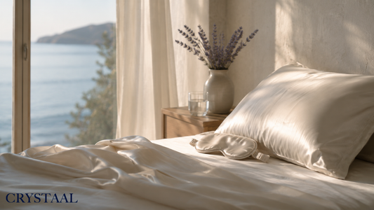 Taie d'oreiller et masque de nuit en pure soie de mûrier Crystaal posés sur une literie champagne dans une chambre Riviera baignée d'une lumière d'aube apaisante, illustrant la solution soie thermorégulatrice contre les sueurs nocturnes de la ménopause.