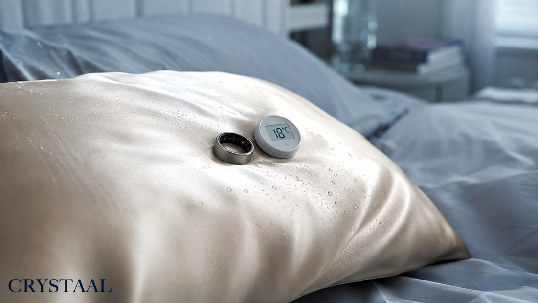 Taie d’oreiller Crystaal en pure soie de mûrier avec bague connectée de suivi du sommeil et thermomètre affichant 18°C, posés sur la soie perlée de gouttes d’eau dans une lumière matinale fraîche