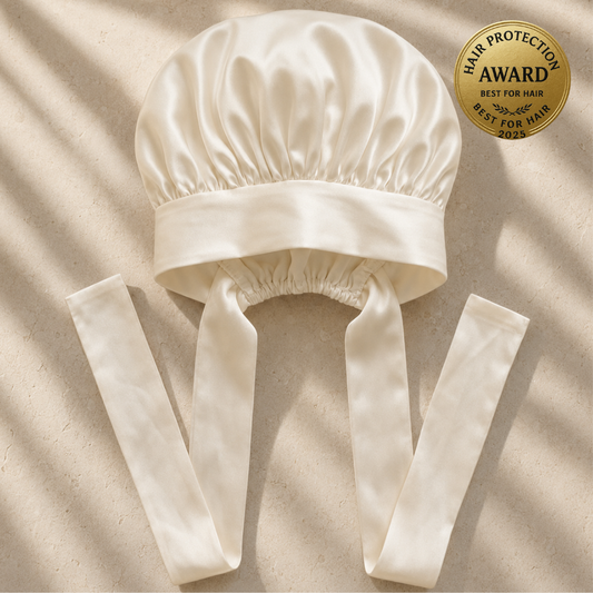 Bonnet de nuit en soie Le Bonnet Aura, coloris blanc coquillage, photo de présentation produit