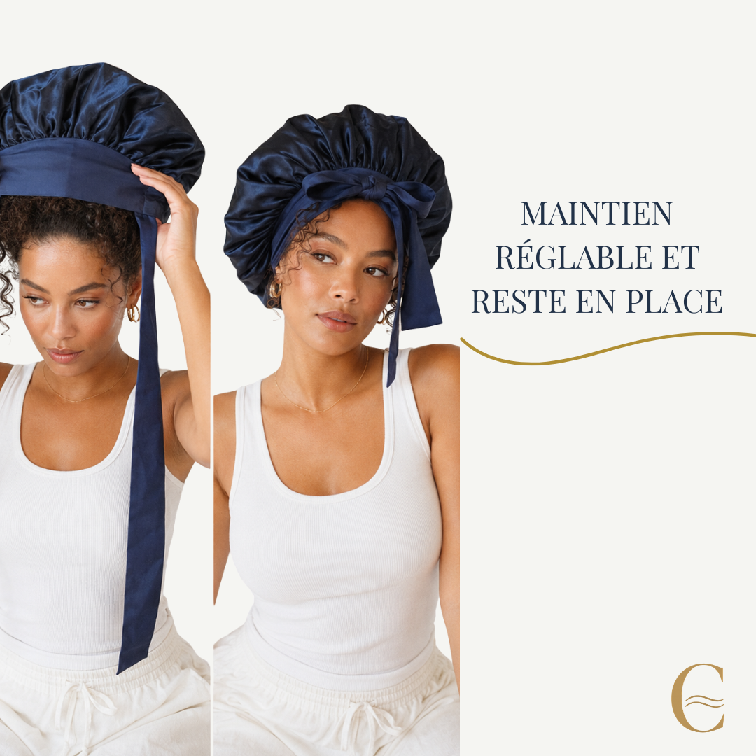 Bonnet de nuit en soie de mûrier 22 mommes Le Bonnet Aura porté sur cheveux bouclés