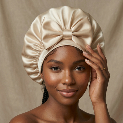 femme portant un bonnet de nuit en soie 22 momme blanc coquillage, accessoire cheveux en soie anti-frisottis pour protéger les cheveux pendant la nuit