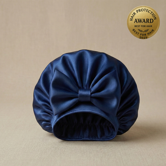 bonnet de nuit en soie 22 momme bleu marine avec nœud, accessoire cheveux en soie anti-frisottis pour protéger les cheveux pendant la nuit