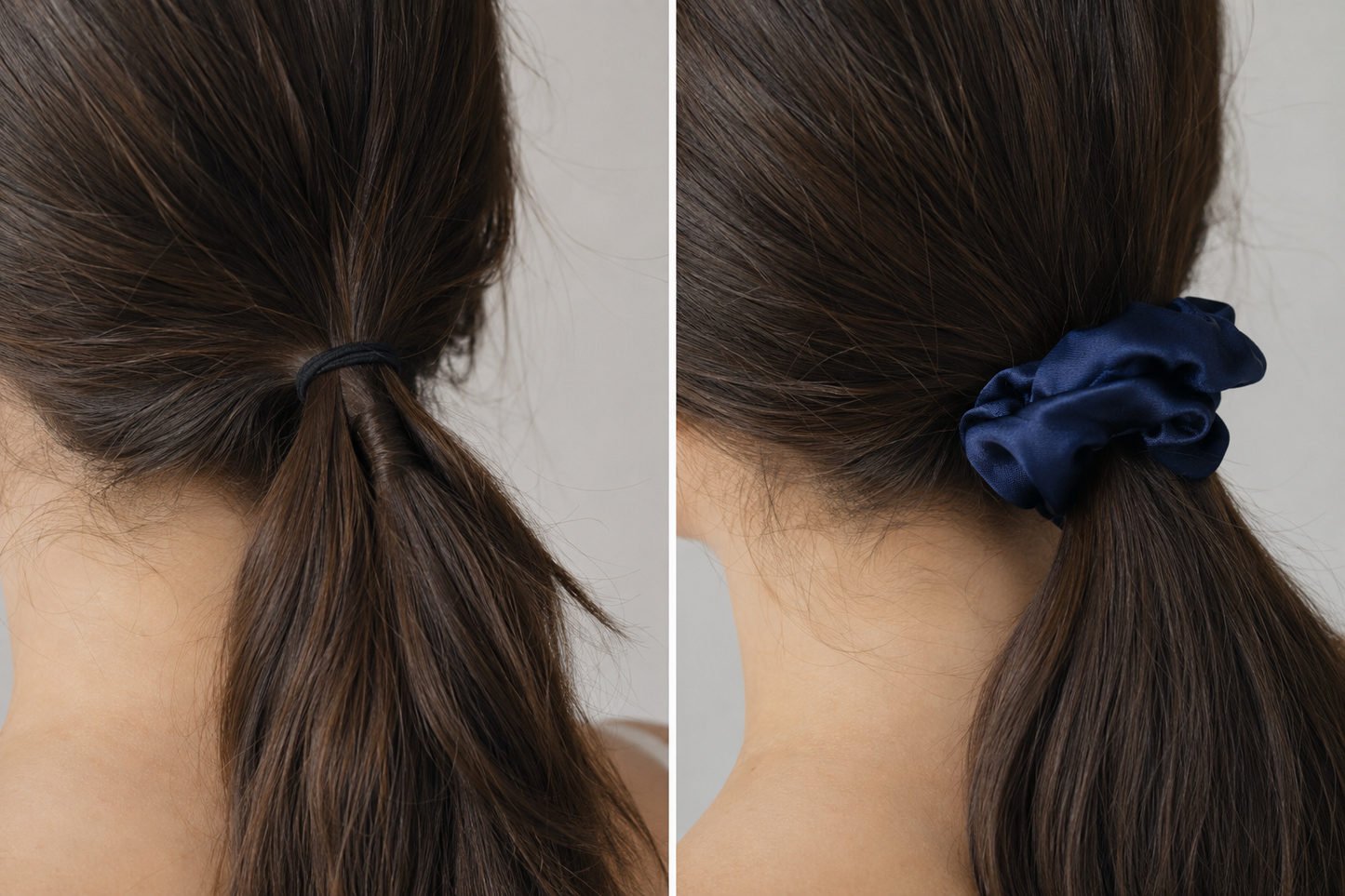 Cheveux au contact d’un chouchou en soie bleu navy limitant les frottements