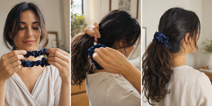 Comment attacher ses cheveux avec un chouchou en soie bleu navy en trois étapes