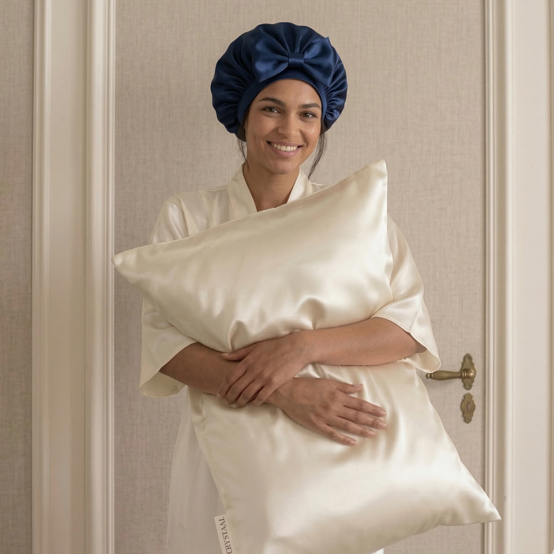 femme portant un bonnet de nuit en soie 22 momme bleu marine et tenant une taie d’oreiller en soie blanc coquillage, duo anti-frisottis pour protéger les cheveux pendant le sommeil