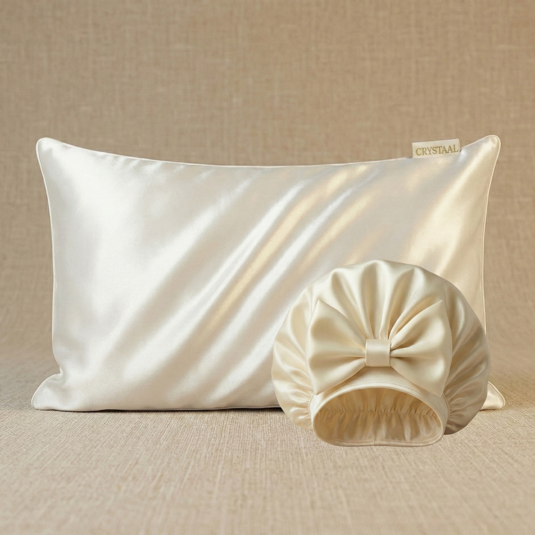 taie d’oreiller en soie 22 momme blanc coquillage avec bonnet de nuit en soie assorti, duo anti-frisottis pour protéger les cheveux pendant le sommeil