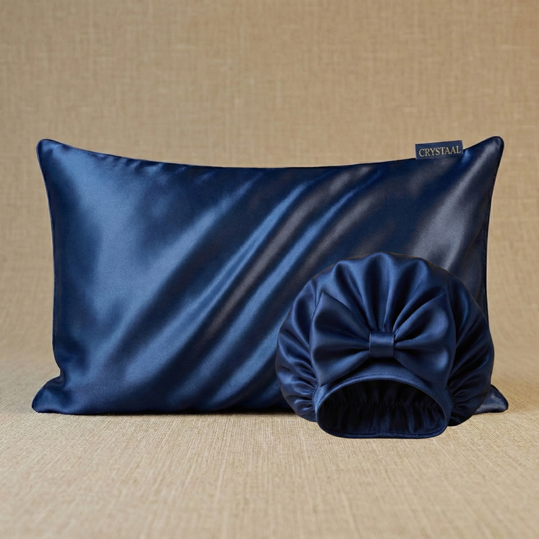 taie d’oreiller en soie 22 momme bleu marine avec bonnet de nuit en soie assorti, duo anti-frisottis pour protéger les cheveux pendant le sommeil