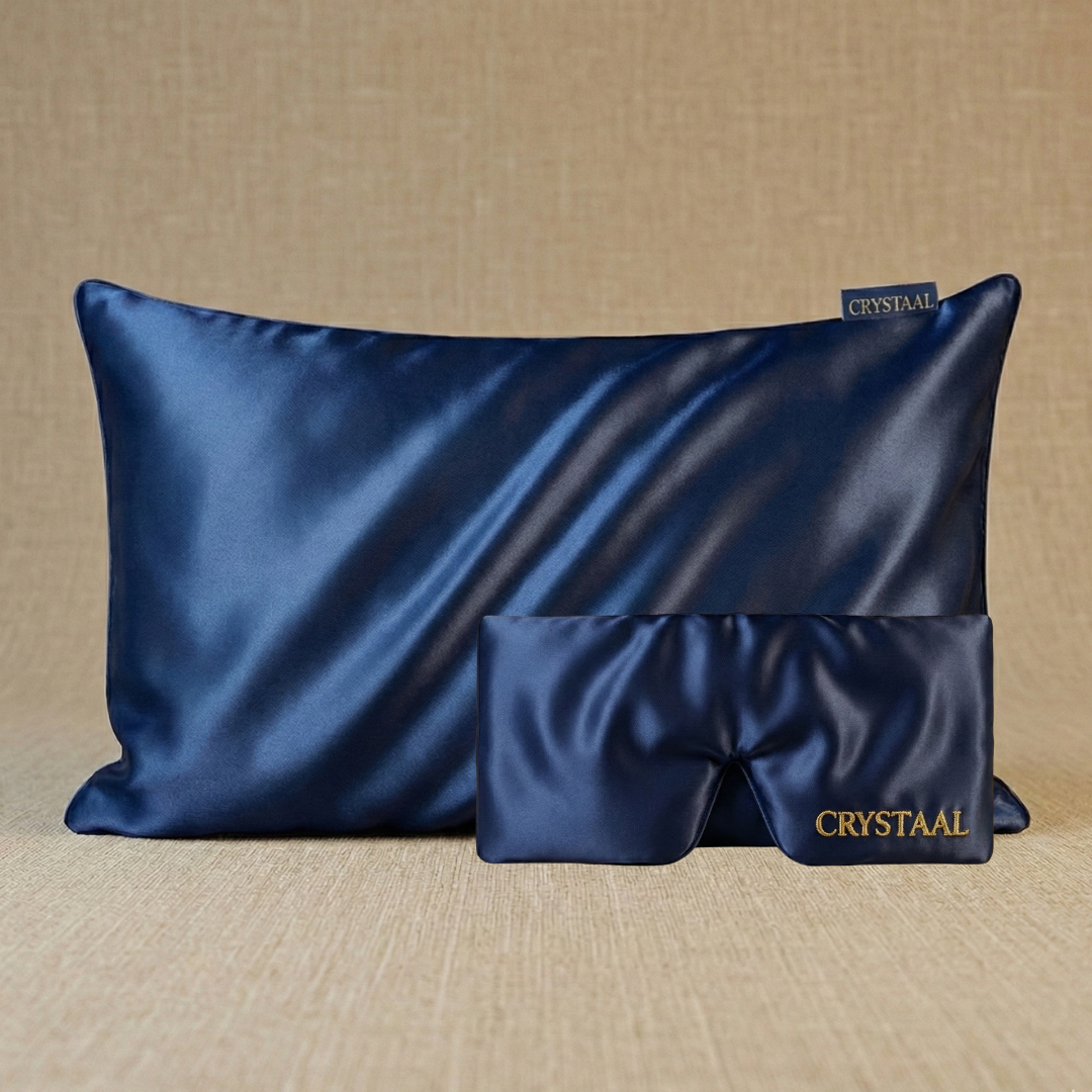 taie d’oreiller en soie 22 momme bleu marine avec masque de nuit en soie assorti, duo soie pour peau et sommeil réparateur anti-marques et anti-frisottis
