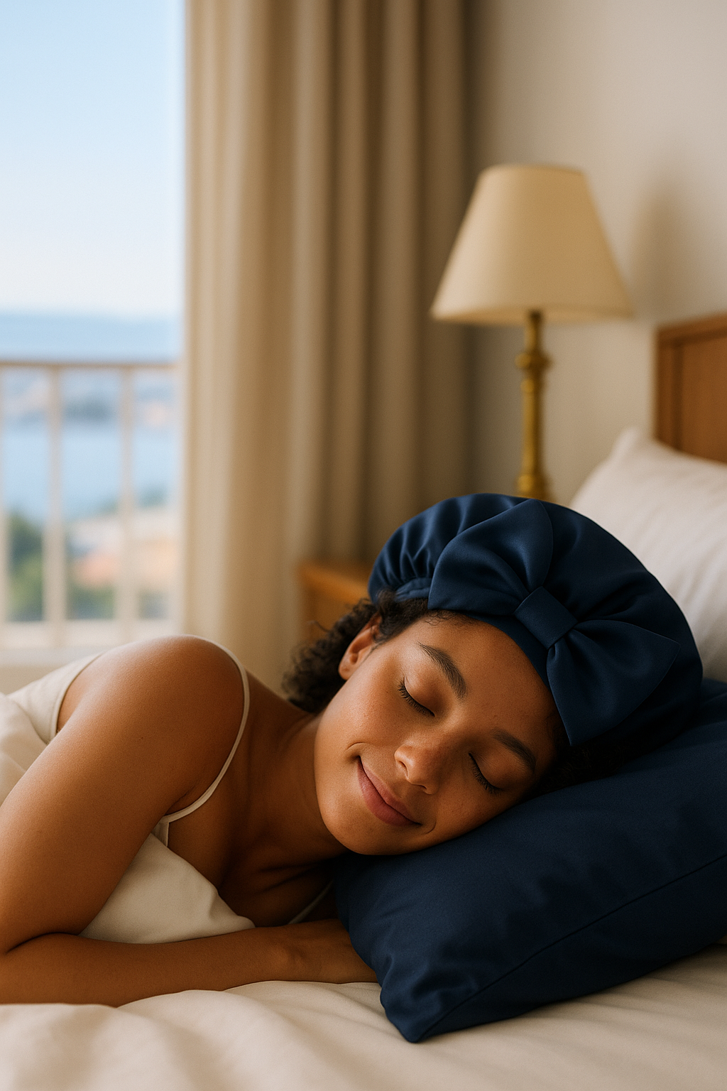bonnet de nuit en soie bleu marine porté par une femme endormie sur une taie d’oreiller en soie, accessoire en soie pour protéger les cheveux pendant le sommeil