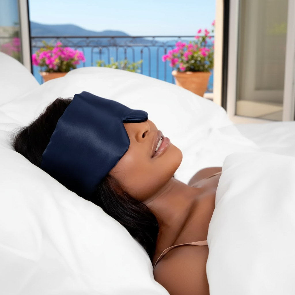 femme dormant avec masque de nuit en soie bleu marine dans un lit blanc face à la mer, accessoire de sommeil en soie pour nuit réparatrice