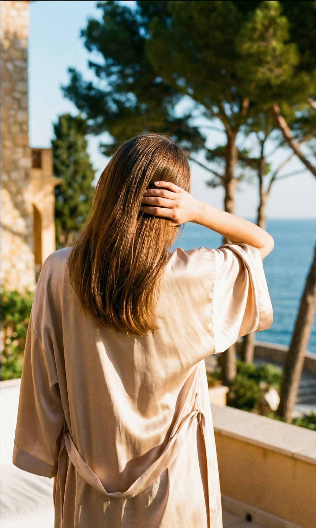 Femme portant un peignoir en soie regardant la mer Méditerranée depuis une terrasse sur la Riviera, ambiance détente et beauté naturelle
