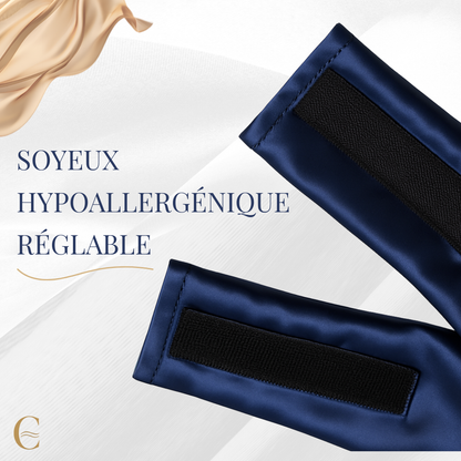 détail du masque de nuit en soie 22 momme bleu marine avec bande réglable, soyeux, hypoallergénique et confortable pour le sommeil