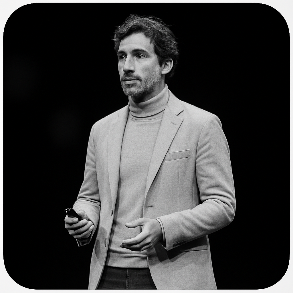 portrait noir et blanc d’un homme élégant en col roulé et blazer, ambiance minimaliste et luxe pour univers premium
