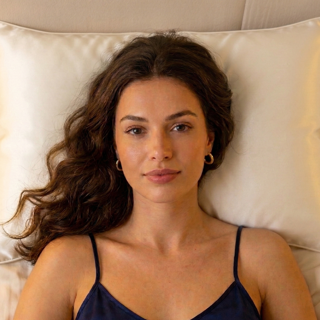 Femme aux cheveux bouclés dans une routine de nuit pour protéger les cheveux pendant le sommeil