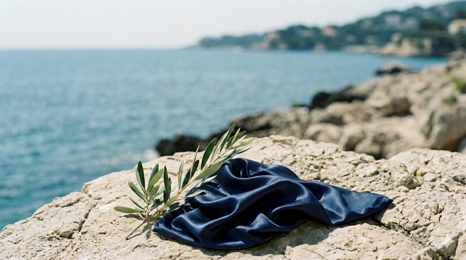 Soie bleu marine posée sur des rochers face à la mer sur la Riviera française, inspiration beauté et sommeil en soie Crystaal
