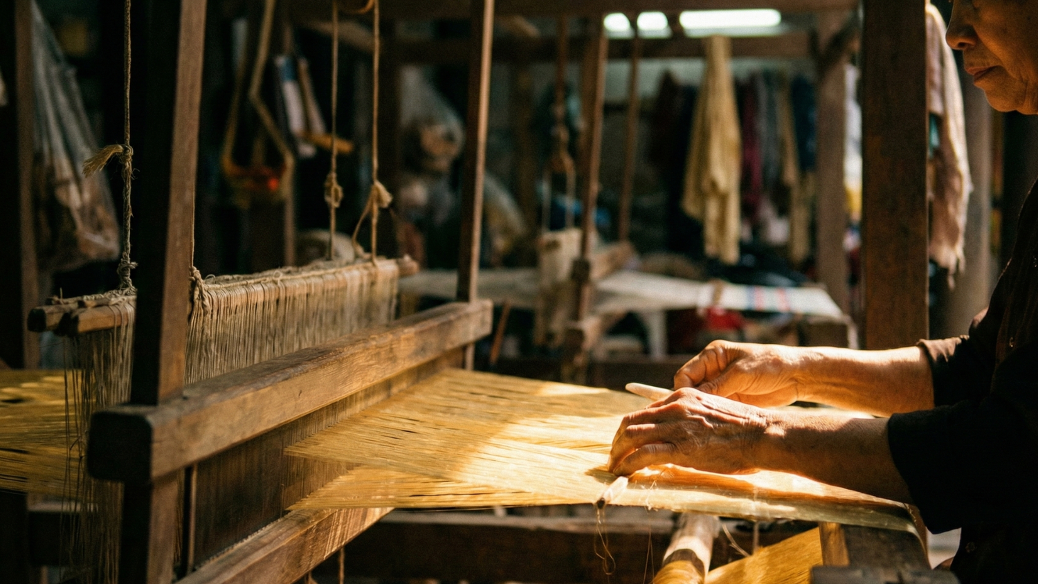 Artisan tissant de la soie sur un métier à tisser traditionnel dans un atelier textile, fabrication d’un tissu de soie haut de gamme
